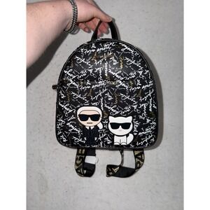 Karl Lagerfeld Paris Medium Backpack Black Gold AOP Script L5GK48CJ NWT $198
